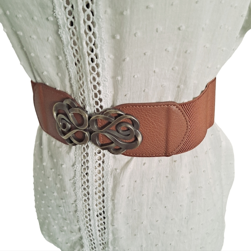 Brown antique gold ornate buckle corset boho elastic wide waist dress belt - Picture 6 of 8